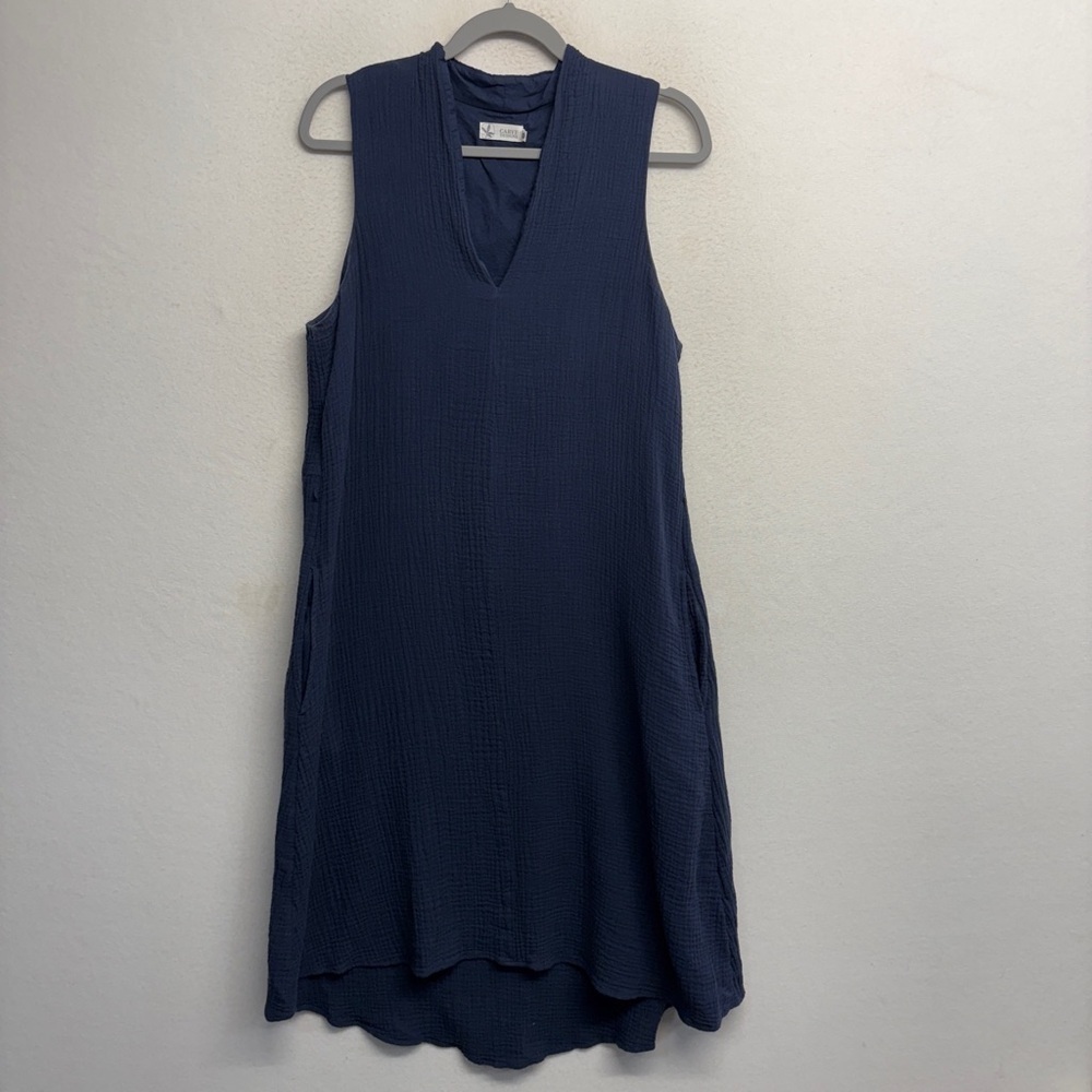 Carve Designs Navy Blue 10 Tank Midi Dress V‎ Neck Hi Low Hem Cotton